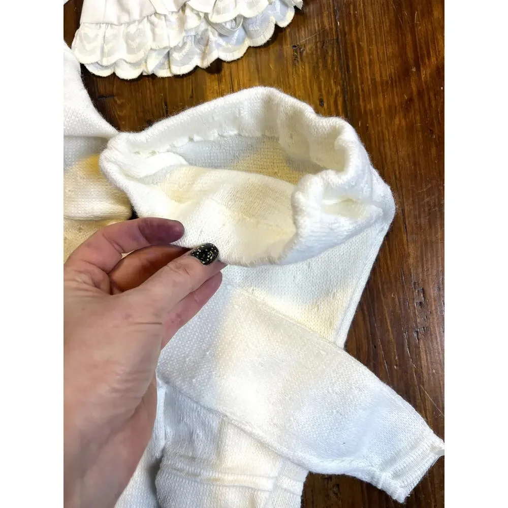 Soft White Knit Baby Clothing and Accessory Bundle w/ Baptism Bib - 0-3 months